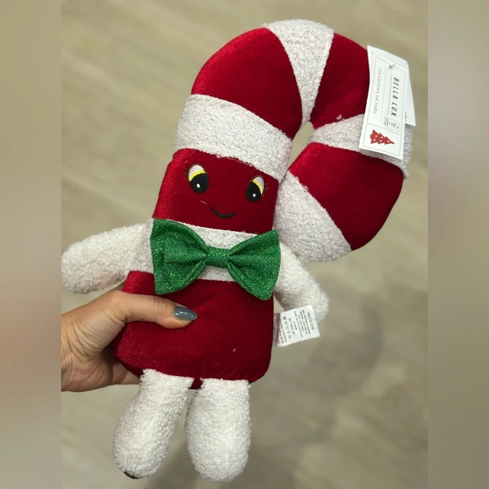 Red and White Candy Cane Plush with Green Bow
